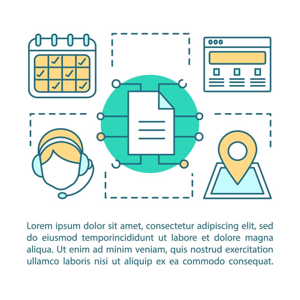 Contact us concept linear illustration. Information center. Infocenter. Call center. Hotline. Article, brochure, magazine page layout. Thin line icons with text boxes. Vector isolated outline drawing