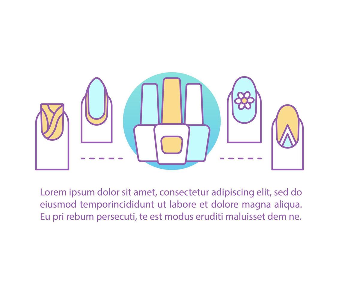 Manicure concept linear illustration. Nail salon. Article, brochure, magazine page layout. Nail polish. Beauty salon. Thin line icons with text boxes. Print design. Vector isolated outline drawing