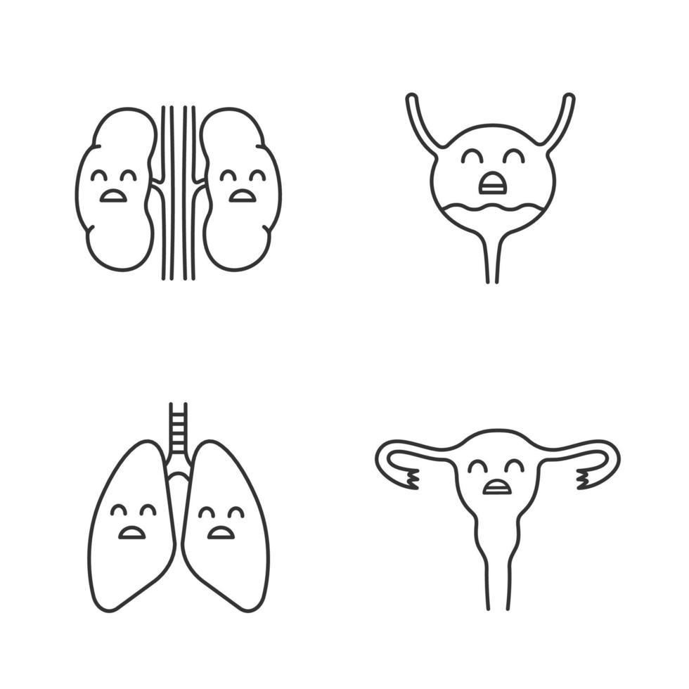 Sad human internal organs linear icons set. Thin line contour symbols. Unhappy kidneys, lungs, uterus. Unhealthy pulmonary, reproductive systems. Isolated vector outline illustrations. Editable stroke