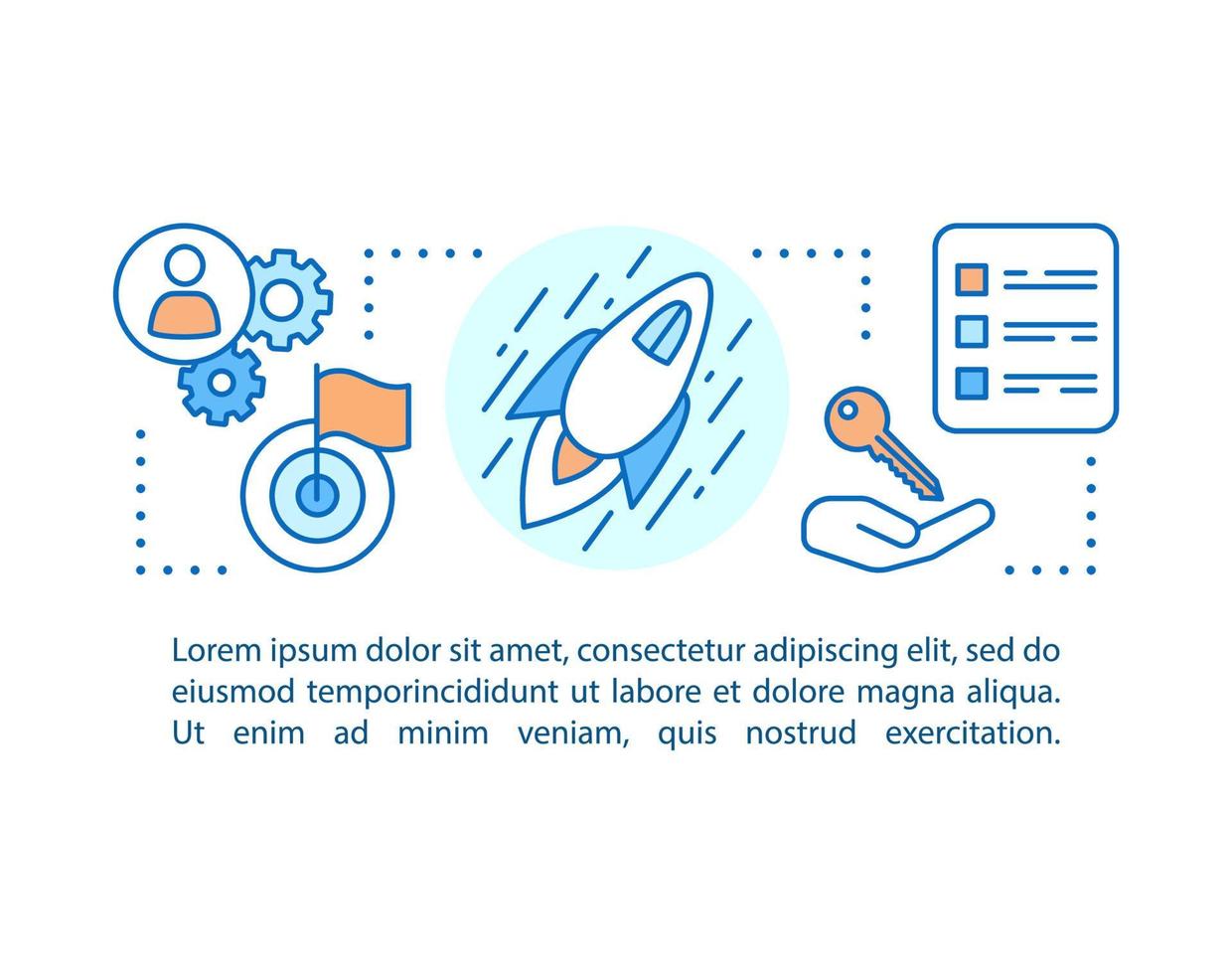 Startup launch concept linear illustration. Solution searching. Business management. Key features. Article, brochure, magazine page layout. Thin line icons with text boxes. Vector isolated drawing