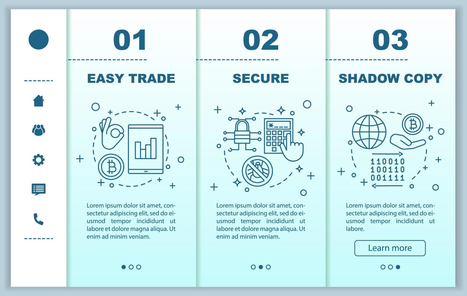 Internet business onboarding mobile web pages vector template. Online trading app. Easy trade, shadow copy, digital security. Responsive smartphone website interface. Webpage walkthrough step screens