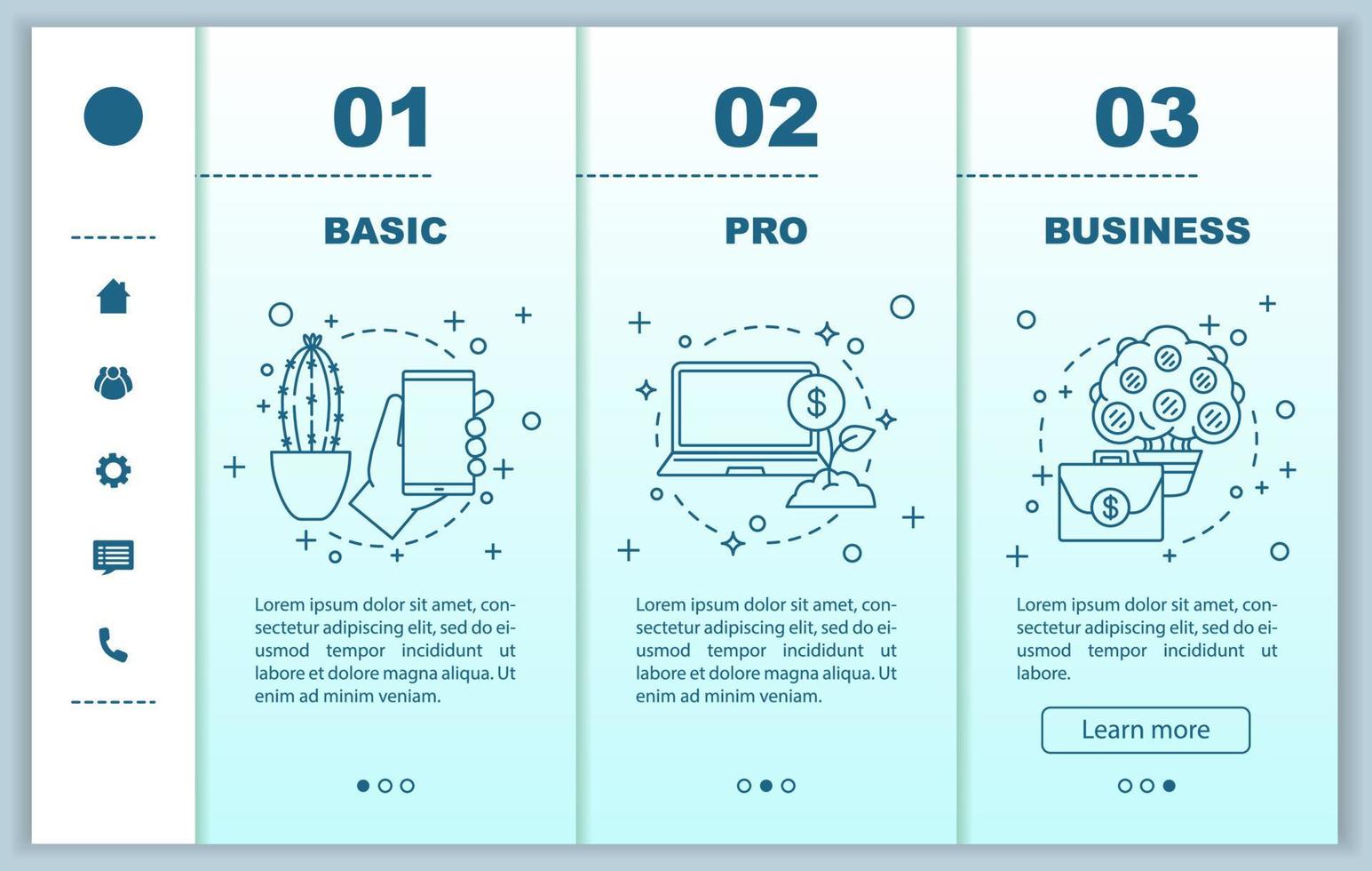 Business development onboarding mobile web pages vector template. Basic, pro options. Financial services. Business software. Responsive smartphone website interface. Webpage walkthrough step screens