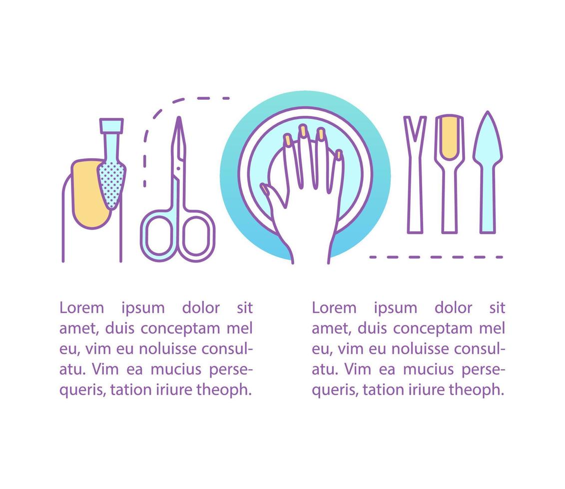 Manicure concept linear illustration. Nail salon. Article, brochure, magazine page layout. Nail bar. Beauty salon. Thin line icons with text boxes. Print design. Vector isolated outline drawing
