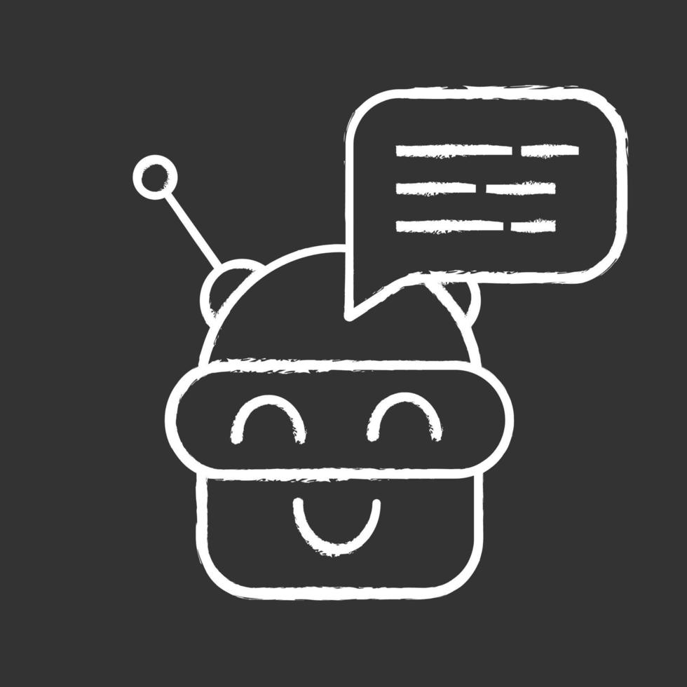 Chatbot message chalk icon. Talkbot. Modern robot. Android laughing chat bot. Virtual assistant. Conversational agent. Isolated vector chalkboard illustration