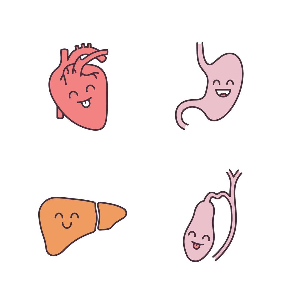 Smiling human internal organs color icons set. Happy heart, stomach, liver, gallbladder. Healthy cardiovascular and digestive systems. Isolated vector illustrations