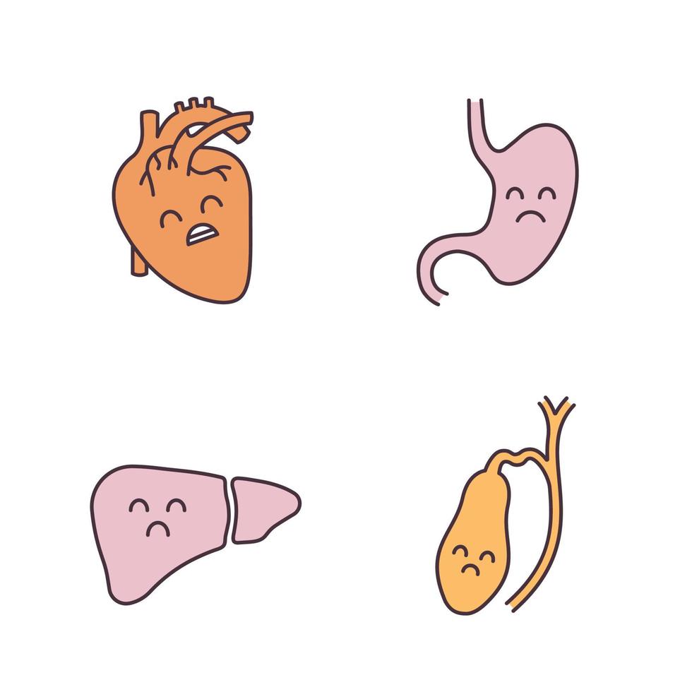 conjunto de iconos de color de órganos internos humanos tristes. corazón infeliz, estómago, hígado, vesícula biliar. sistemas cardiovasculares y digestivos poco saludables. ilustraciones de vectores aislados