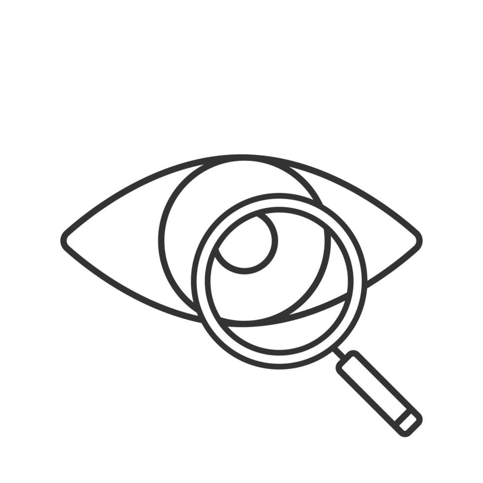 Eye with magnifying glass linear icon. Thin line illustration. Eye test. Vision examination. Contour symbol. Vector isolated outline drawing