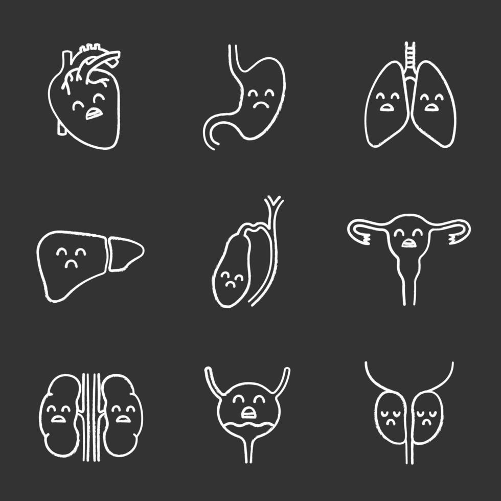 Sad human internal organs chalk icons set. Respiratory, urinary, reproductive, digestive systems diseases. Unhealthy organs. Isolated vector chalkboard illustrations