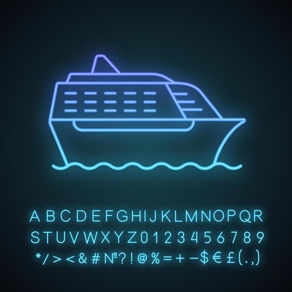 Cruise ship in side view neon light icon. Ocean liner. Boat, cruiseship, ferry. Water transport. Summer voyage. Glowing sign with alphabet, numbers and symbols. Vector isolated illustration