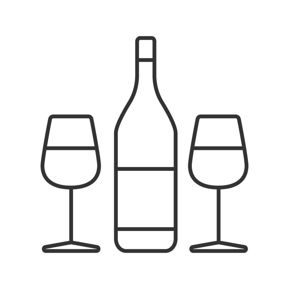 Wine and two glasses linear icon. Thin line illustration. Champagne. Contour symbol. Vector isolated drawing