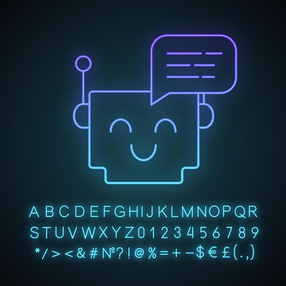 Chatbot message neon light icon. Talkbot. Modern robot. Square head laughing chat bot. Virtual assistant. Conversational agent. Glowing alphabet, numbers and symbols. Vector isolated illustration