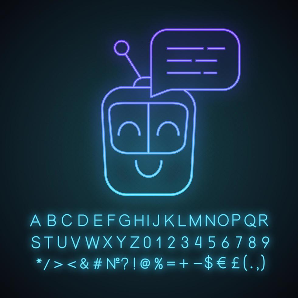 Chatbot message neon light icon. Talkbot. Modern robot. Square head laughing chat bot. Virtual assistant. Conversational agent. Glowing sign with alphabet, numbers. Vector isolated illustration