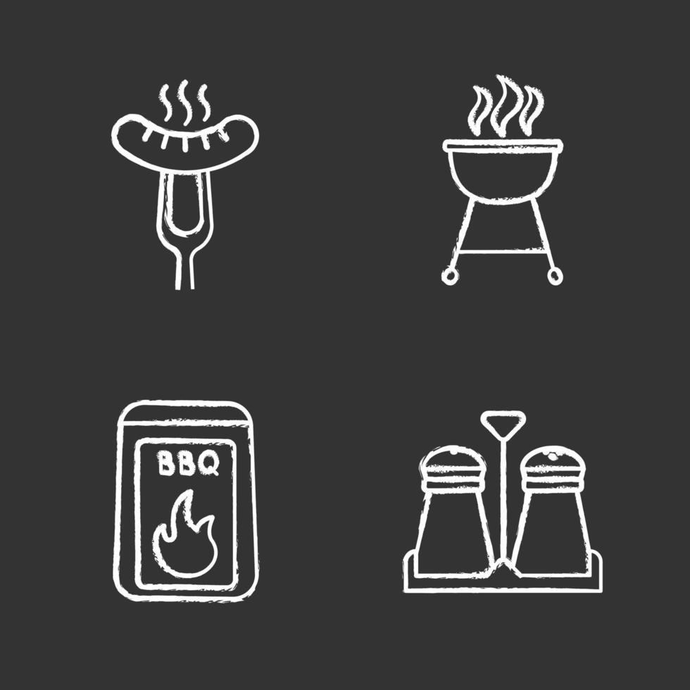 Barbecue chalk icons set. Coal, salt and pepper shakers, grilled sausage on carving fork, kettle grill. Isolated vector chalkboard illustrations