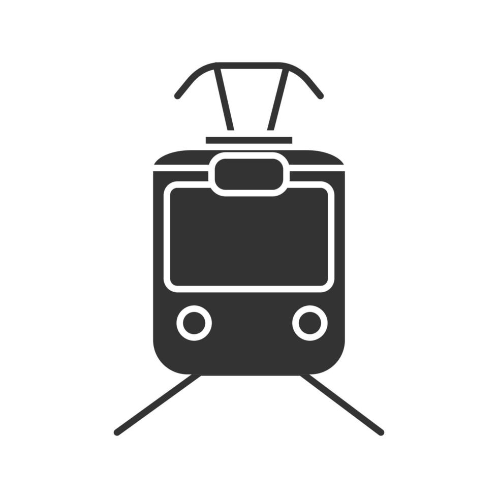 Tram glyph icon. Silhouette symbol. Tramcar, streetcar. Trolley car. Negative space. Vector isolated illustration
