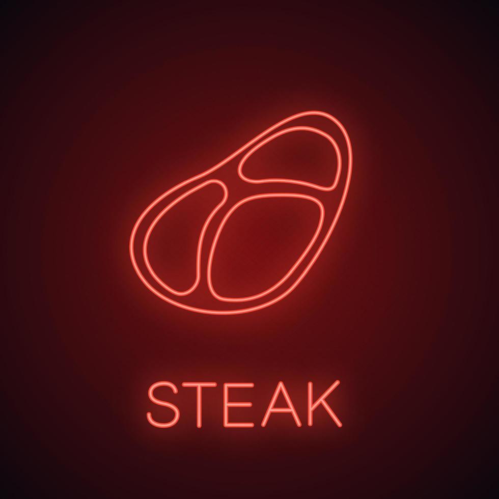 Steak neon light icon. Beefsteak. Glowing sign. Vector isolated illustration