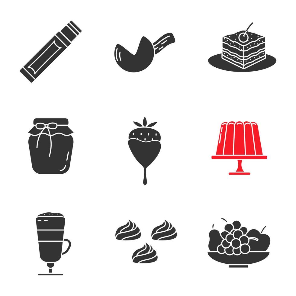 Confectionery glyph icons set. Silhouette symbols. Chewing gum stick, fortune cookie, tiramisu, berry jam, strawberry in chocolate, pudding, coffee, meringues, fruit. Vector isolated illustration