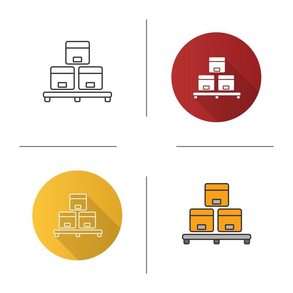 Cardboard boxes on pallet icon. Flat design, linear and color styles. Warehouse. Parcels storage. Isolated vector illustrations