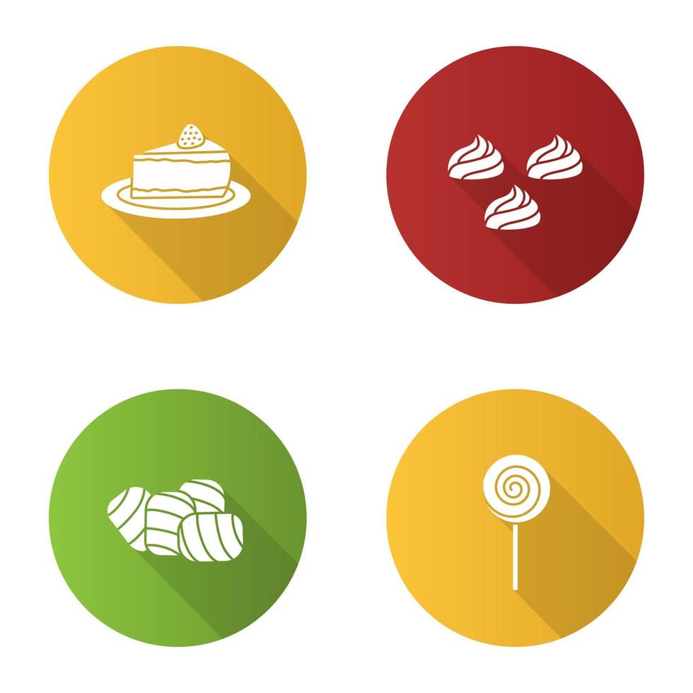 conjunto de iconos de glifo de sombra larga de diseño plano de condectionery. menú de la cafetería. tarta de queso, merengues, malvavisco, piruleta en espiral. ilustración de silueta vectorial vector