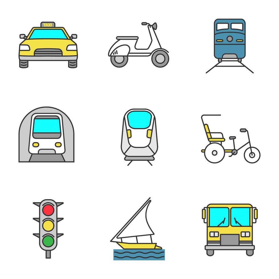 Public transport color icons set. Modes of transport. Taxi, scooter, train, metro, transrapid, cycle rickshaw, traffic lights, sailing boat, bus. Isolated vector illustrations