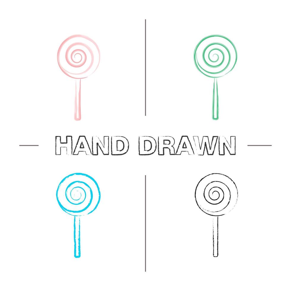 Spiral lollipop hand drawn icons set. Color brush stroke. Lolly. Sugar candyIsolated vector sketchy illustrations