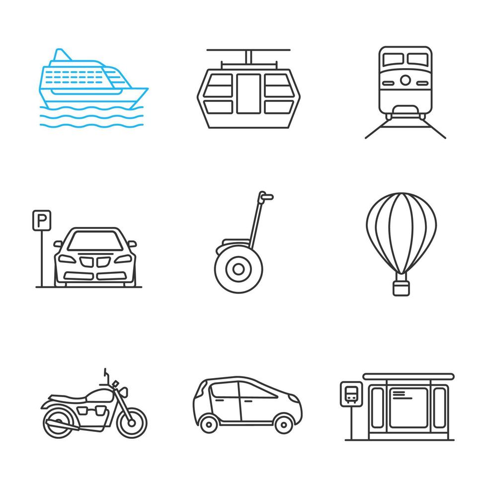 Public transport linear icons set. Thin line contour symbols. Cruise ship, funicular, train, parking zone, hot air balloon, motorbike, car, bus station. Isolated vector outline illustrations