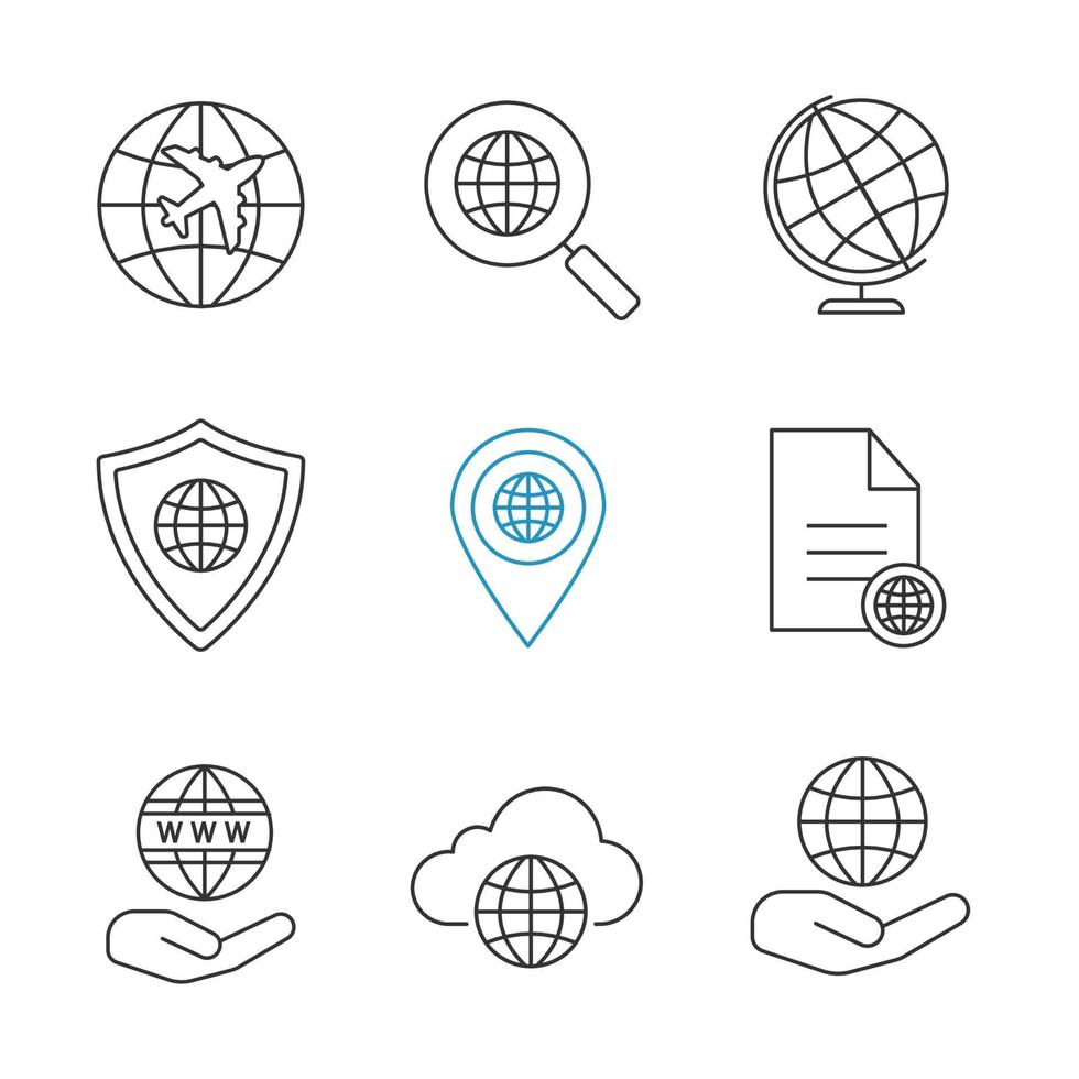 Worldwide linear icons set. International flight, global search, globe, map pinpoint, document, cloud storage. Thin line contour symbols. Isolated vector outline illustration. Editable stroke