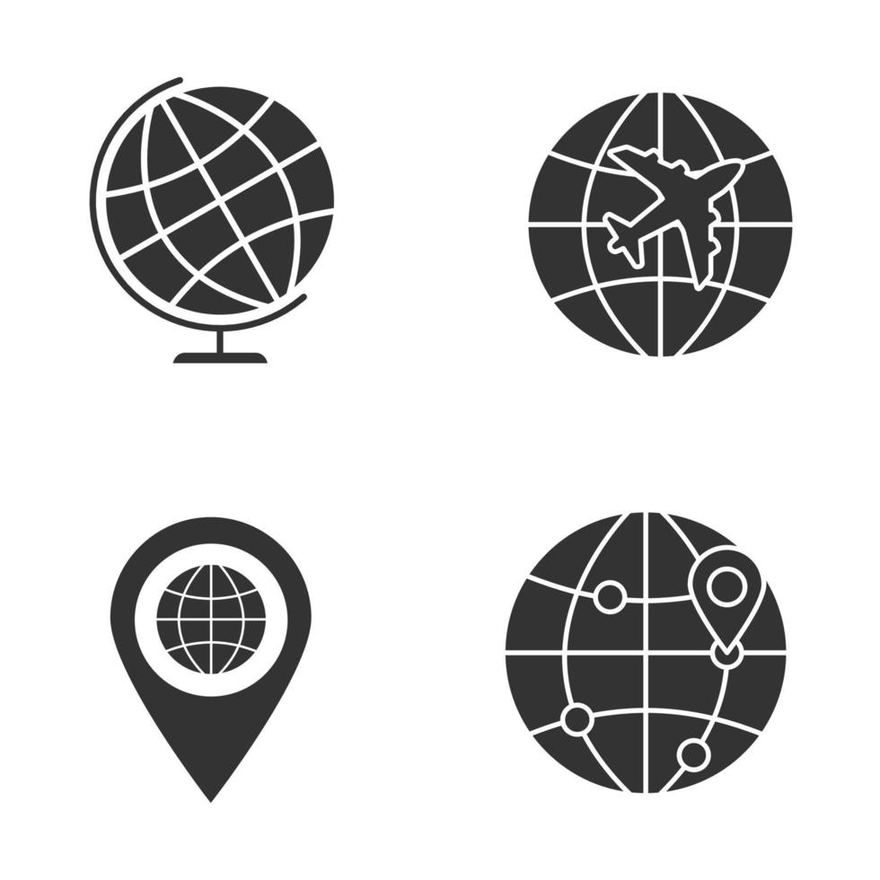 Worldwide glyph icons set. World globe, international flight, pinpoint with Earth, global map route. Silhouette symbols. Vector isolated illustration