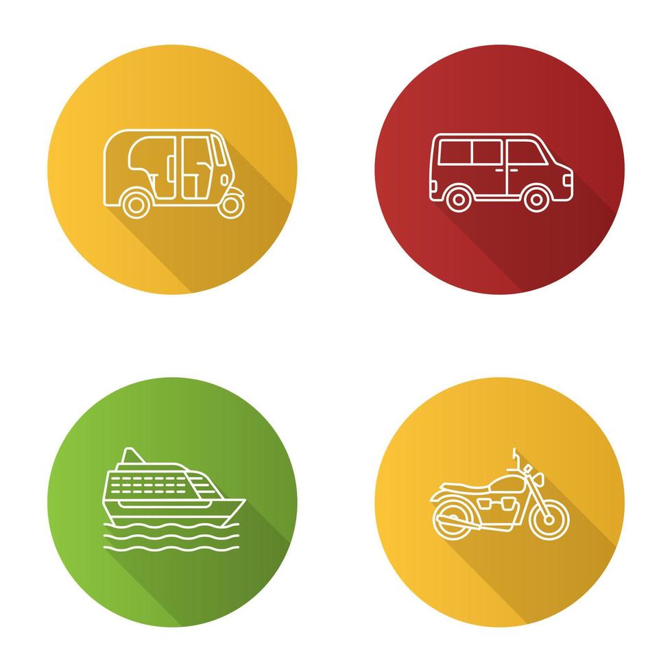 Public transport flat linear long shadow icons set. Modes of transport. Auto rickshaw, minivan, cruise ship, motorbike. Vector outline illustration