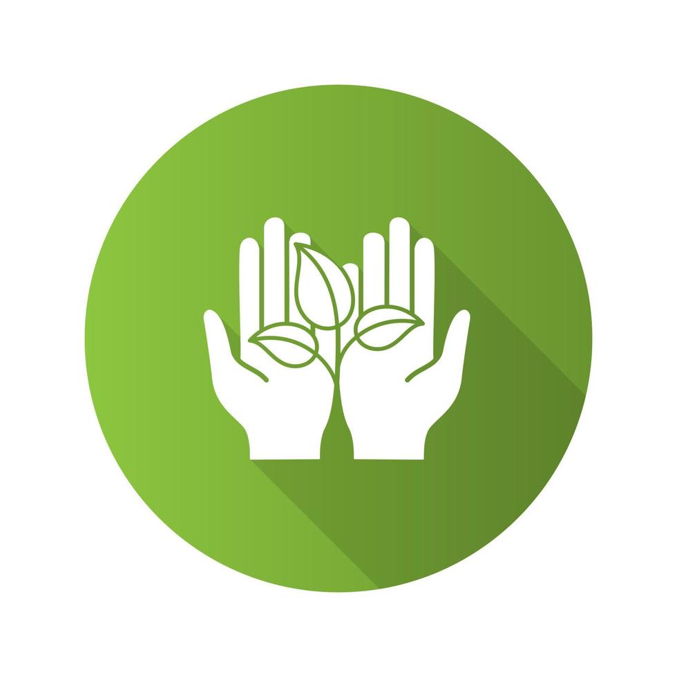 Greening flat design long shadow glyph icon. Environment protection. Open hand with sprout. Agriculture. Vector silhouette illustration