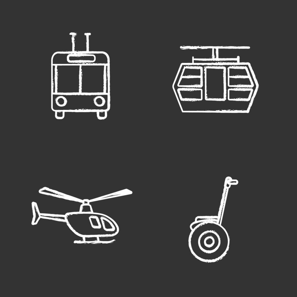 Public transport chalk icons set. Modes of transport. Trolleybus, funicular, helicopter, self-balancing scooter. Isolated vector chalkboard illustrations