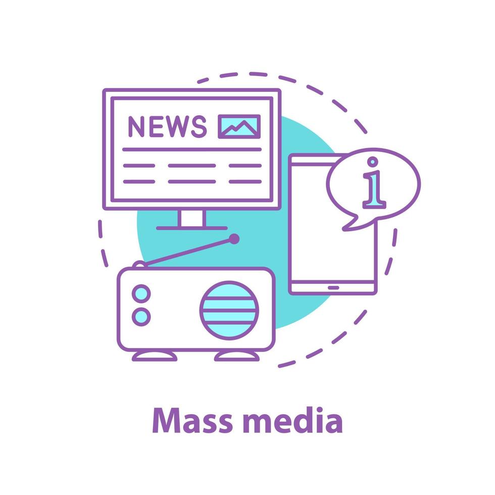 icono del concepto de medios de comunicación. ilustración de línea delgada de idea de prensa. Noticias. periódico electrónico, radiodifusión, info chat. dibujo de contorno aislado vectorial vector