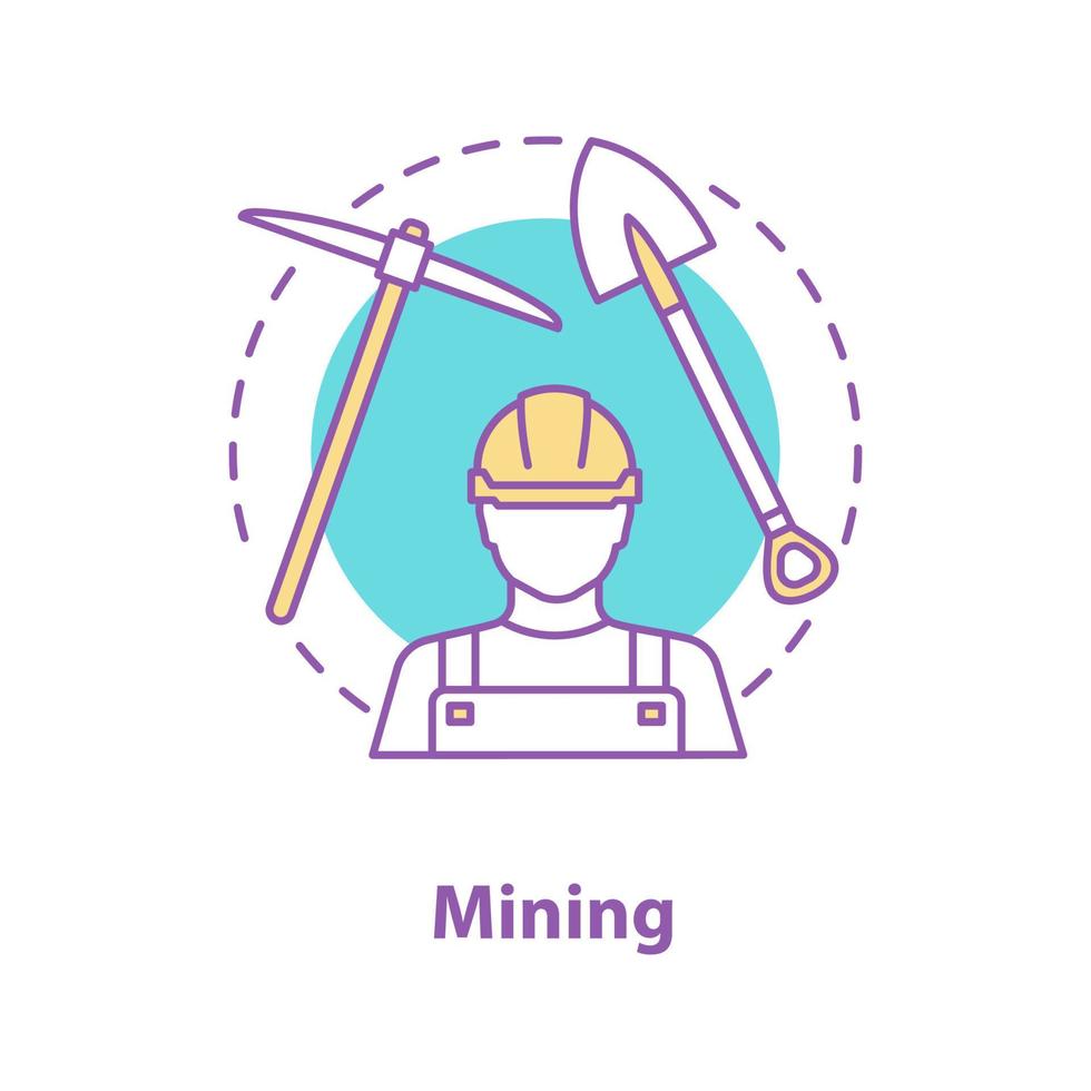 Mining industry concept icon. Minerals extraction idea thin line illustration. Miner, shovel, pickaxe. Vector isolated outline drawing