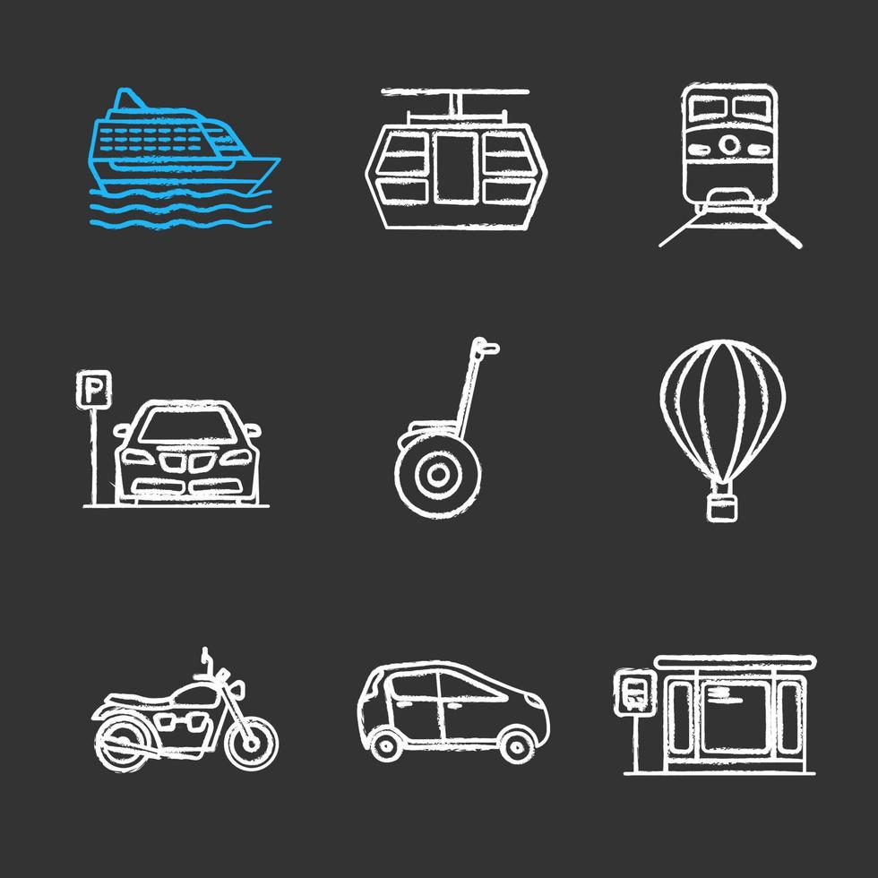 Public transport chalk icons set. Modes of transport. Cruise ship, funicular, train, parking zone, hot air balloon, motorbike, car, bus station. Isolated vector chalkboard illustrations