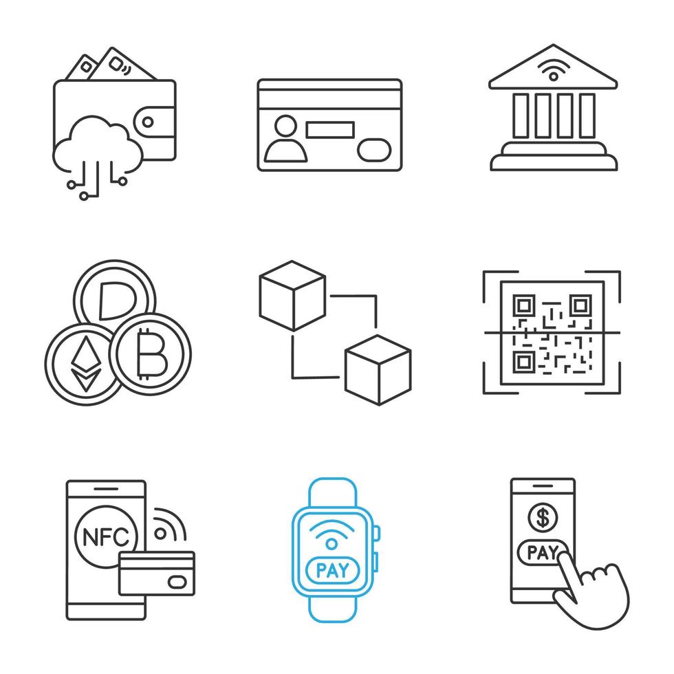 E-payment linear icons set. Electronic money. Cashless and contactless payments. Digital purchase. Online banking. Thin line contour symbols. Isolated vector outline illustrations. Editable stroke