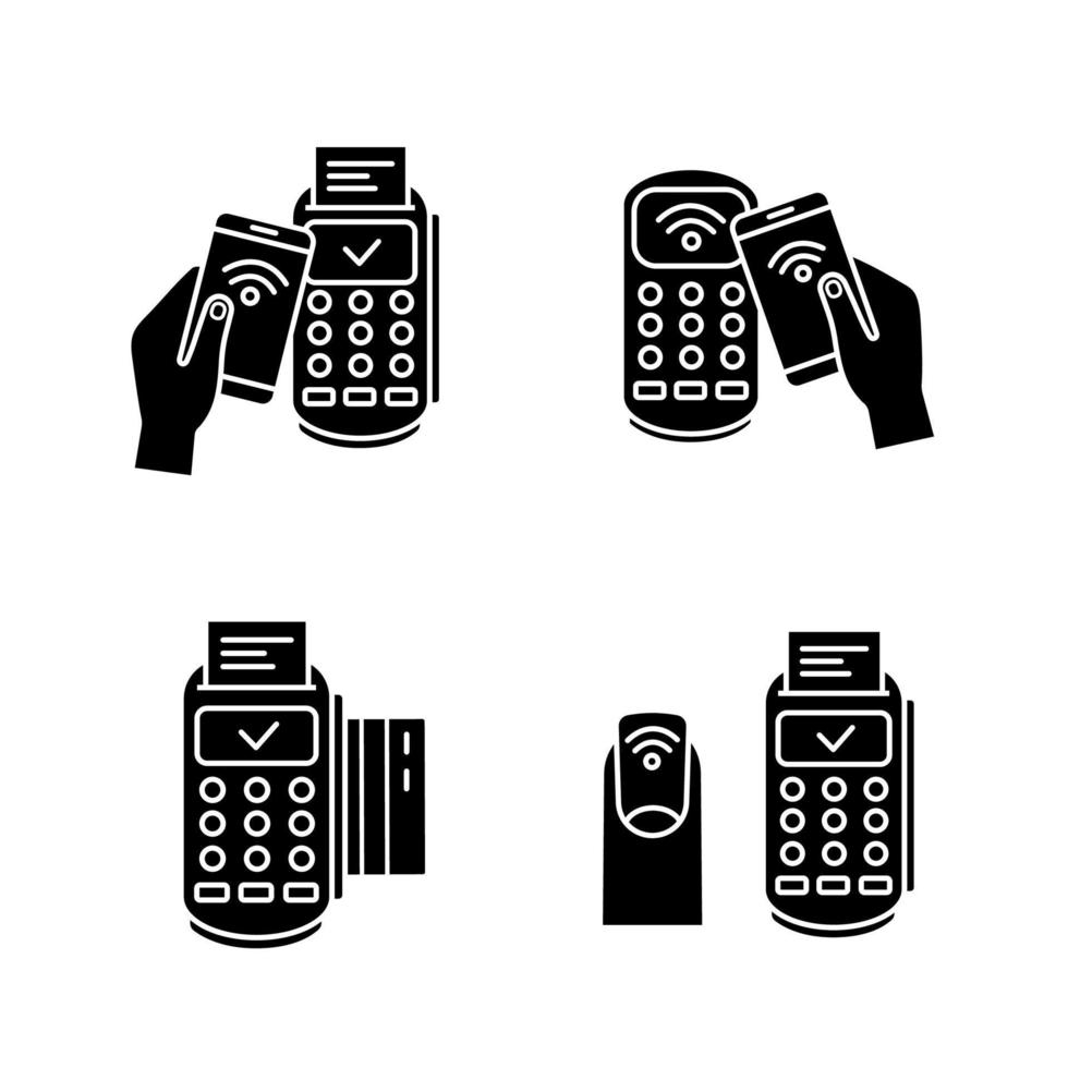 NFC payment glyph icons set. Pay with smartphone, credit card, POS terminal, NFC manicure. Silhouette symbols. Vector isolated illustration