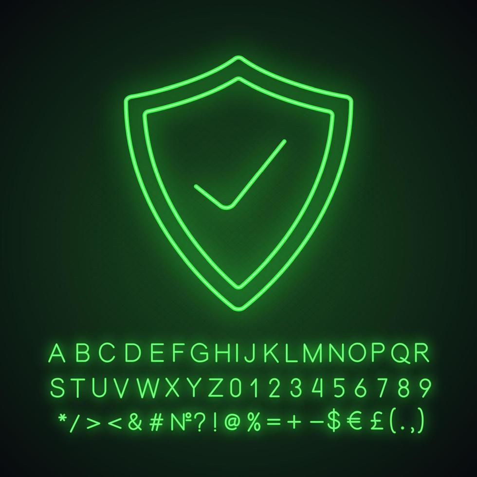 Security check neon light icon. Protection shield with tick mark. Glowing sign with alphabet, numbers and symbols. Vector isolated illustration