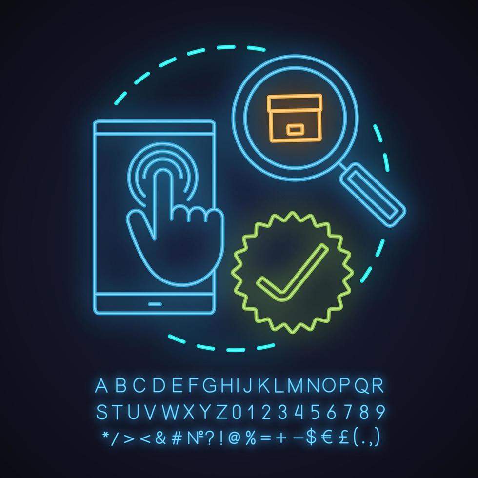 Select items neon light concept icon. Choosing goods or services idea. Parcel tracking. Glowing sign with alphabet, numbers and symbols. Vector isolated illustration