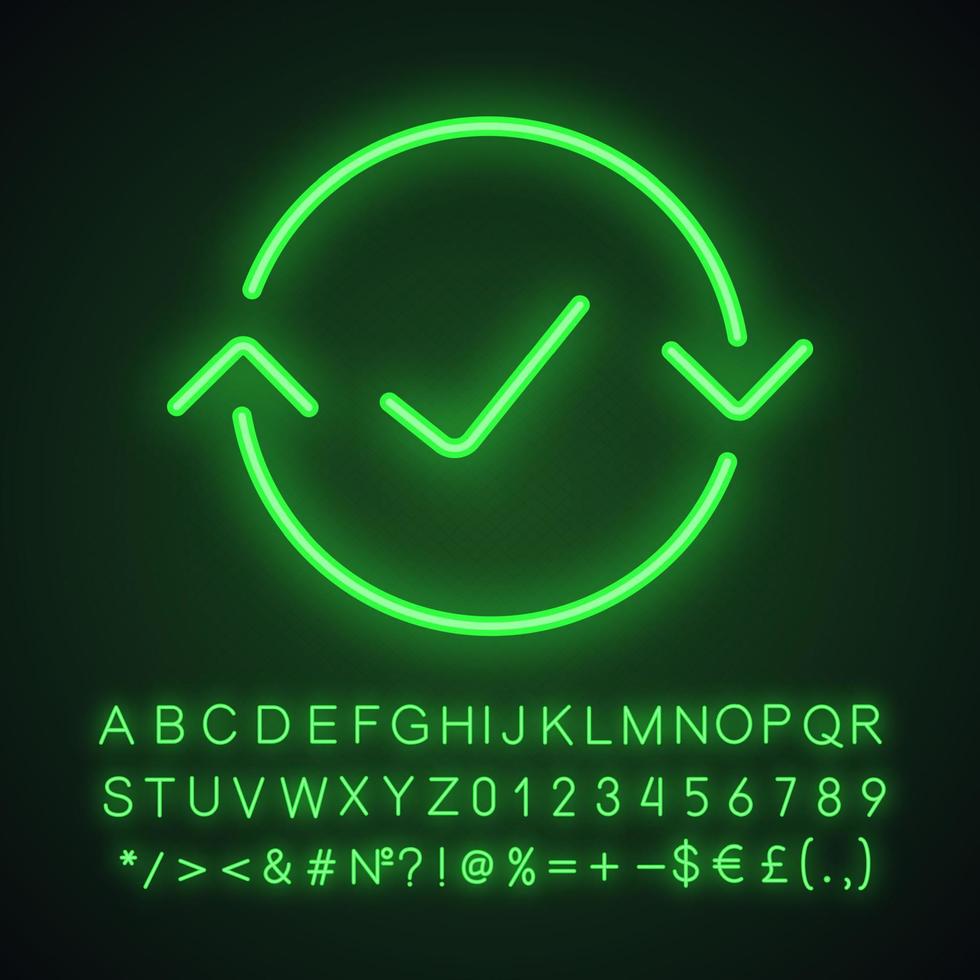 Money exchange complete neon light icon. Refund. Glowing sign with alphabet, numbers and symbols. Vector isolated illustration