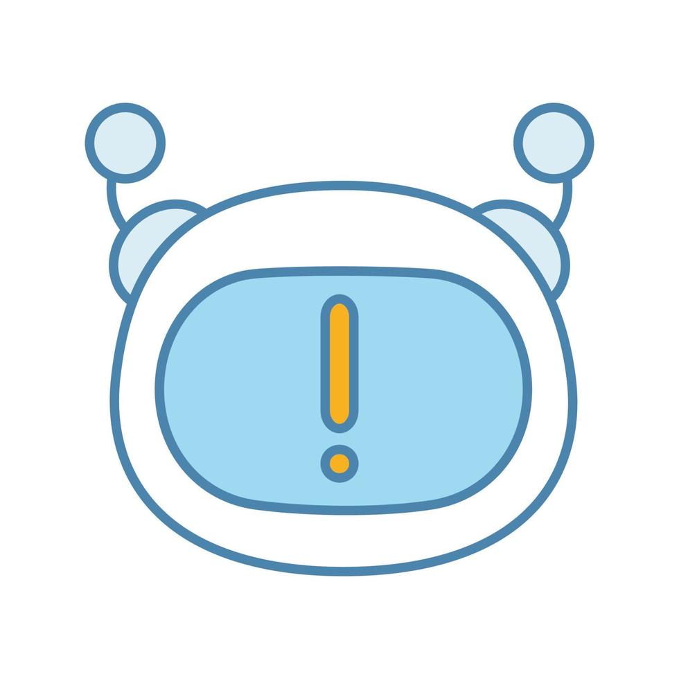 Chatbot notification color icon. Chat bot face with exclamation mark. Important message. Artificial conversational entity. Virtual assistant announcement. Isolated vector illustration