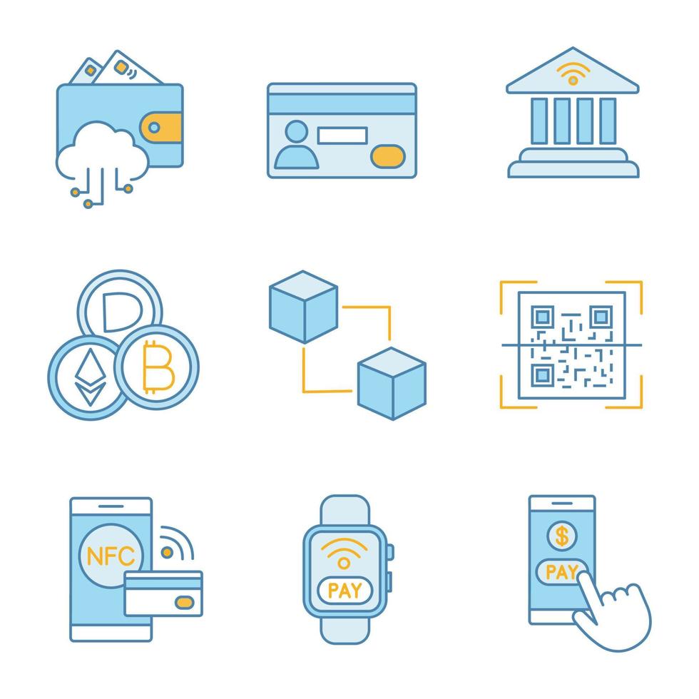 E-payment color icons set. Electronic money. Cashless and contactless payments. Digital purchase. Online banking. NFC technology. Isolated vector illustrations