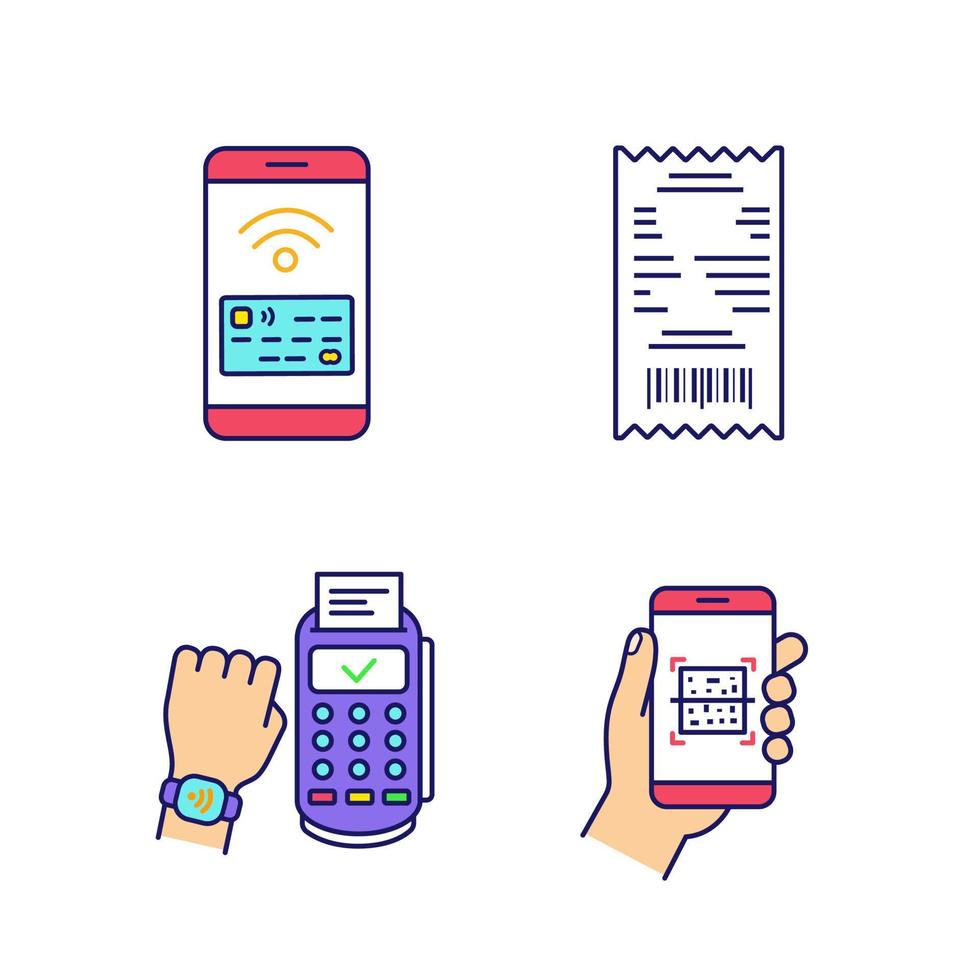 NFC payment color icons set. Cash receipt, QR code scanner, NFC smartphone and smartwatch. Isolated vector illustrations