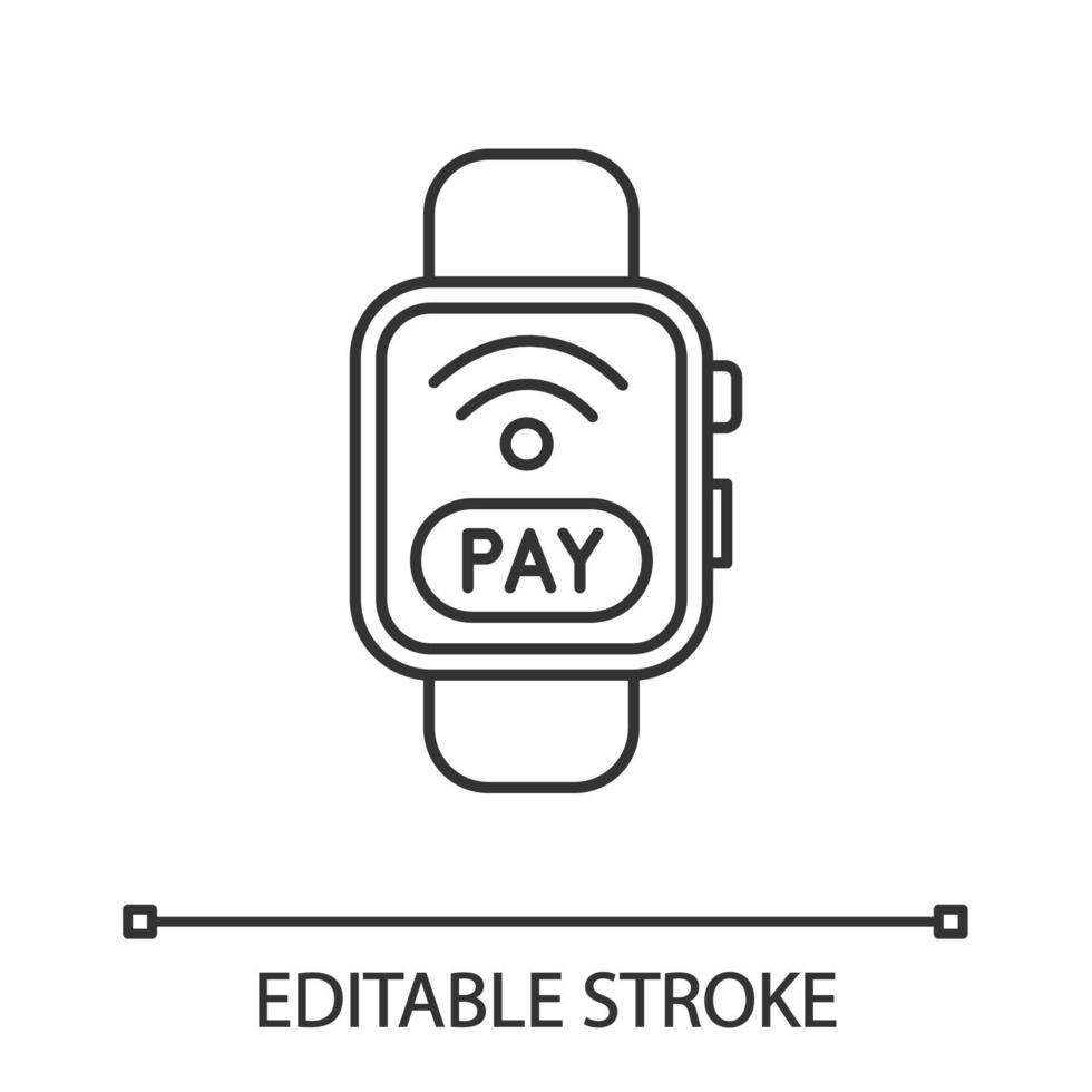 Smartwatch NFC payment linear icon. Thin line illustration. Pay with smart wristwatch. Contactless payment. Contour symbol. Vector isolated outline drawing. Editable stroke