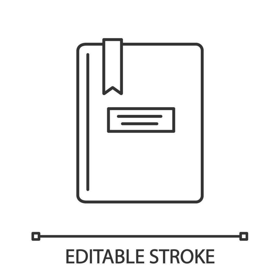 Book with bookmark linear icon. Thin line illustration. Taking notes. Notepad. Copybook. Contour symbol. Vector isolated outline drawing. Editable stroke