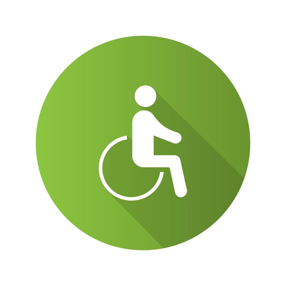 Accessible flat design long shadow glyph icon. Disability. Disabled person. Handicap. Man in wheelchair. Vector silhouette illustration