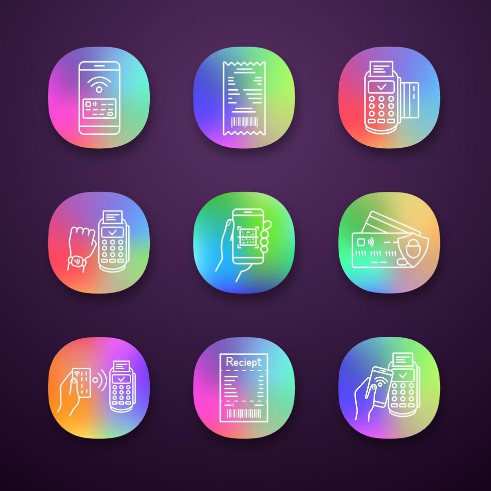 NFC payment app icons set. Pay with smartphone and credit card, cash receipt, POS terminal, QR code scanner, smartwatch. UI UX user interface. Web or mobile applications. Vector isolated illustrations
