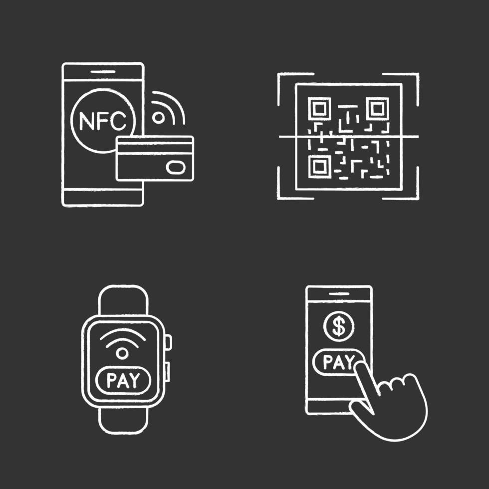 E-payment chalk icons set. Pay with smartphone, NFC smartwatch, QR code scanner, contactless payment. Isolated vector chalkboard illustrations