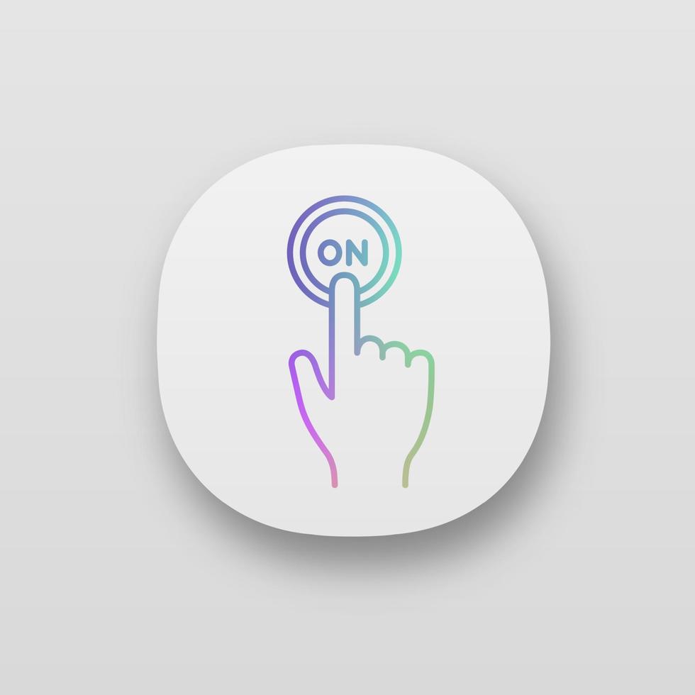 Turn on button click app icon. Power. Hand pressing button. UI UX user interface. Web or mobile application. Vector isolated illustration
