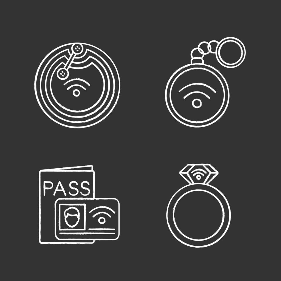 conjunto de iconos de tiza de tecnología nfc. chip de campo cercano, baratija, sistema de identificación, anillo. Ilustraciones de vector pizarra