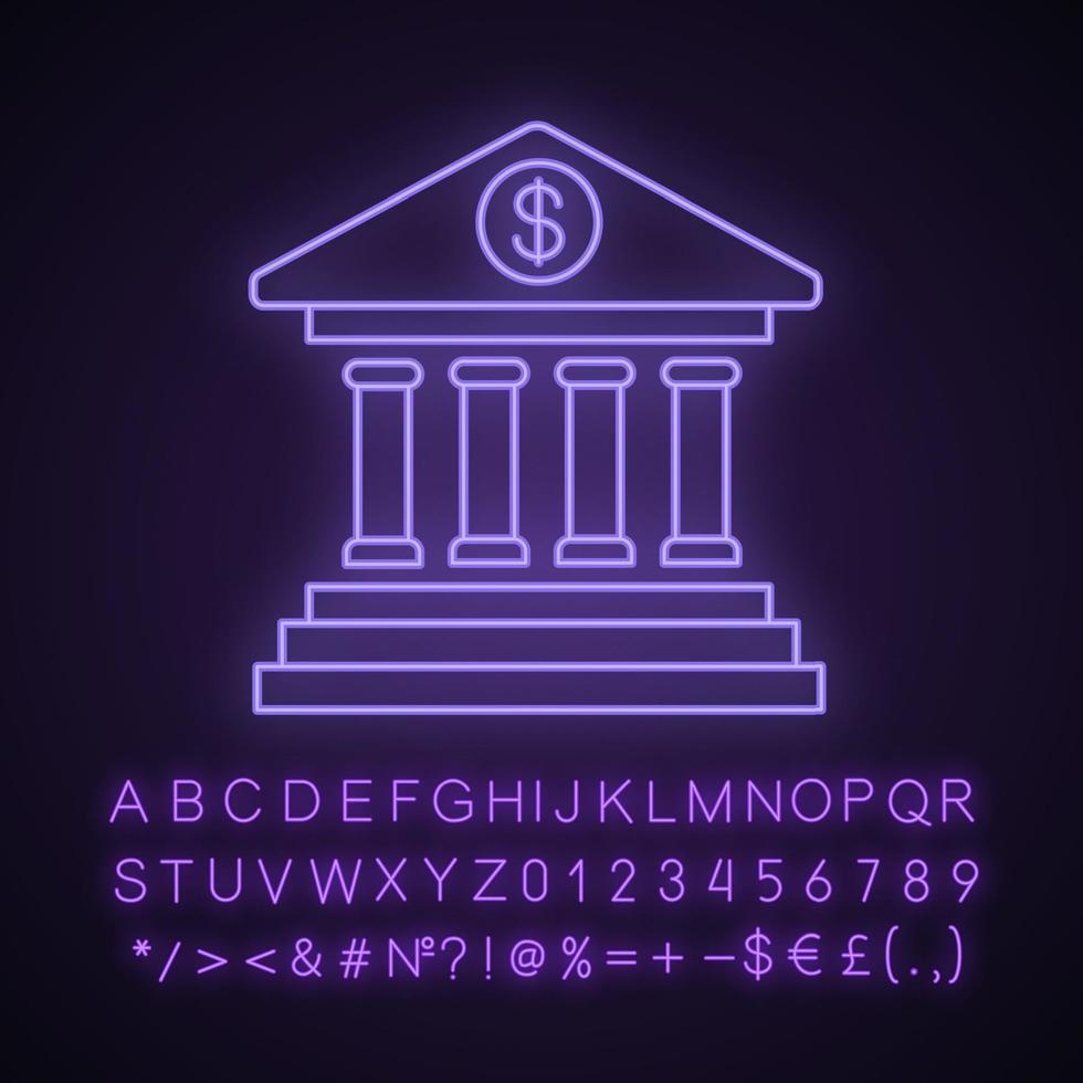 Online banking neon light icon. Glowing sign with alphabet, numbers and symbols. Account balance. E-payment. Bank building. Vector isolated illustration