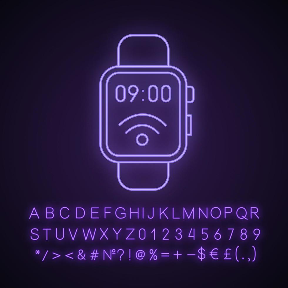 icono de luz de neón del reloj inteligente nfc. Cerca de un campo de comunicación. reloj de pulsera inteligente. tecnología sin contacto. signo brillante con alfabeto, números y símbolos. ilustración vectorial aislada vector